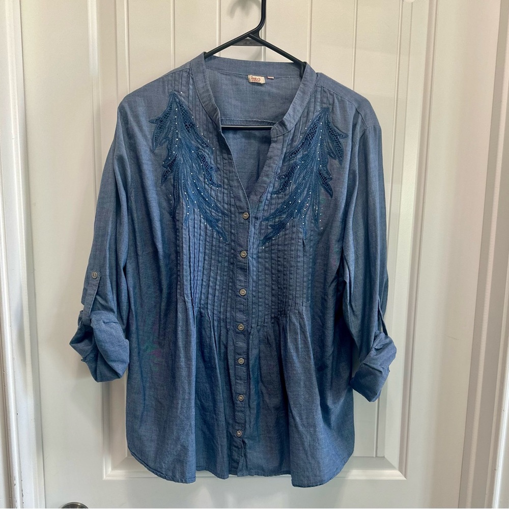Reba Blue Embroidered Button-Down Shirt